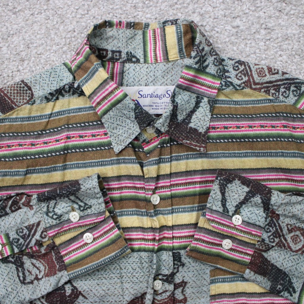 Vtg Gitman Santiago Shirt Mens Small Green/Pink/Yellow Southwestern S/S Button
